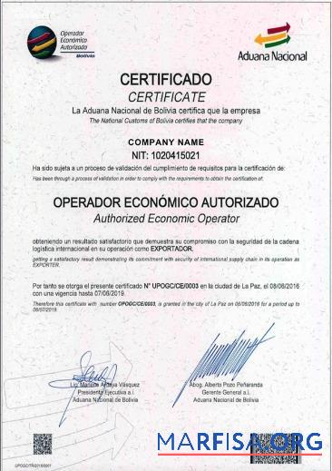 Downloadable Bolivia Certificate of Registration real example